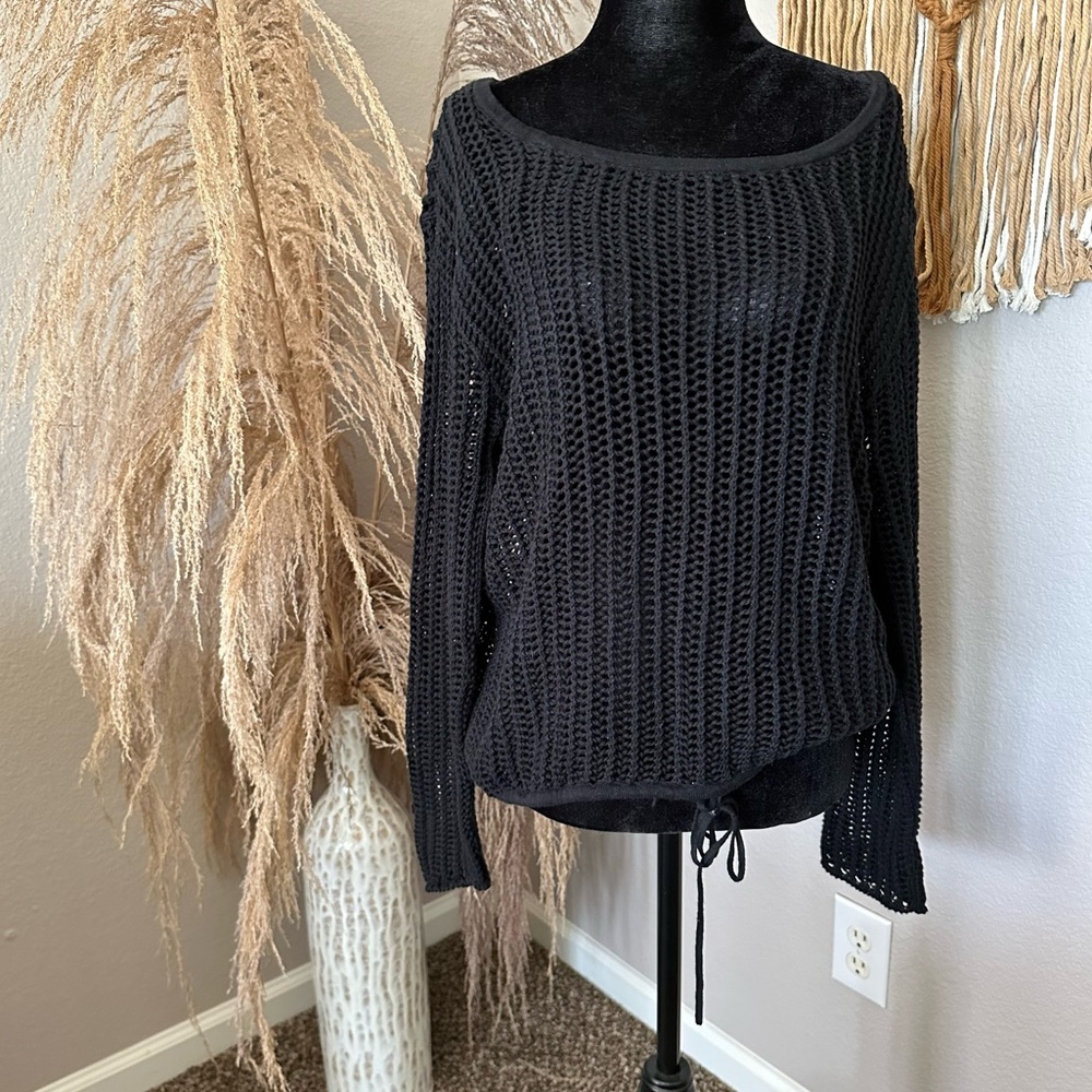Long Sleeve Open Knit Black Sweater